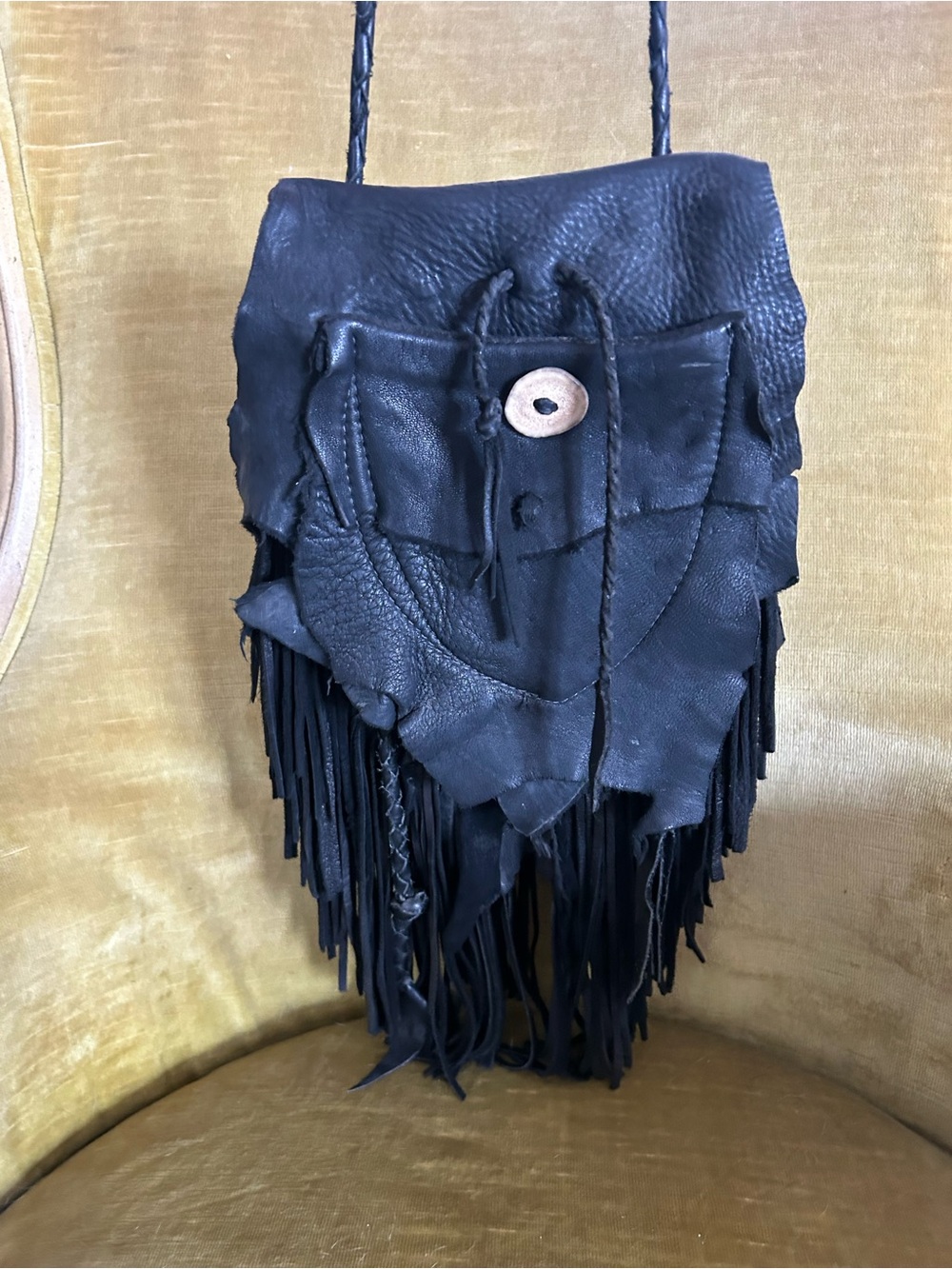 Handcrafted Black Fringe Leather Crossbody Bag